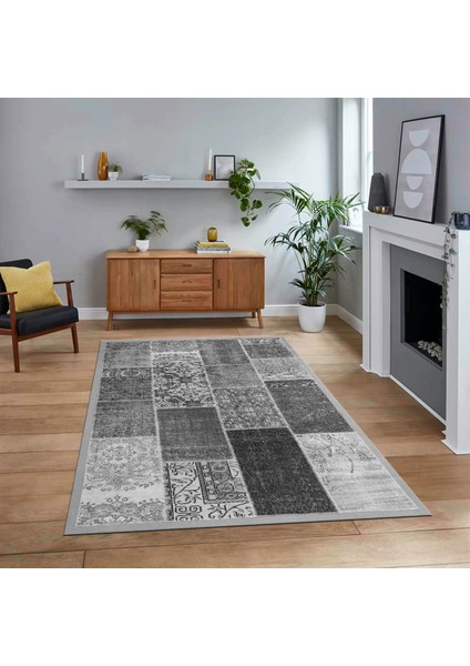 Dijital Baskılı Kaymaz Taban Yıkanabilir Patchwork Yolluk Salon Halısı, V-Patchwork-01-Gri,