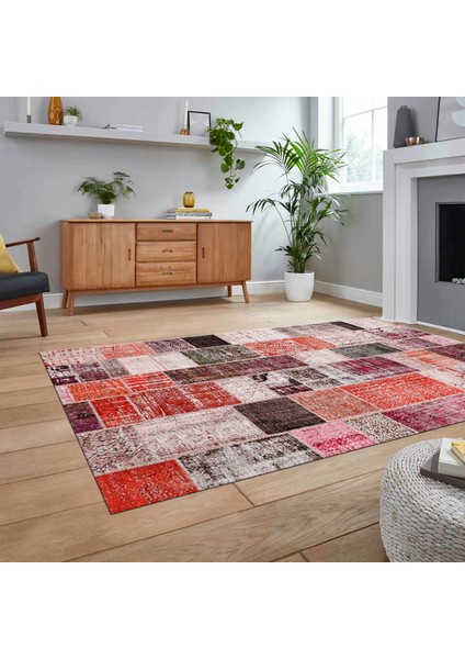 Dijital Baskılı Kaymaz Taban Yıkanabilir Patchwork Yolluk Salon Halısı, V-Patchwork-03-Kırmızı,