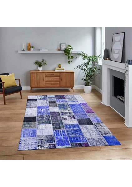 Dijital Baskılı Kaymaz Taban Yıkanabilir Patchwork Yolluk Salon Halısı, V-Patchwork-03-Mavi,