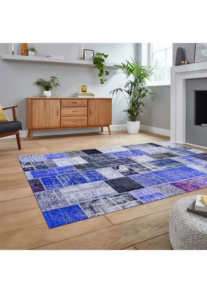 Dijital Baskılı Kaymaz Taban Yıkanabilir Patchwork Yolluk Salon Halısı, V-Patchwork-03-Mavi,