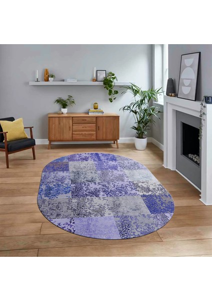 Dijital Baskılı Kaymaz Yıkanabilir Oval Patchwork Yolluk Salon Halısı, V-O-Patchwork-17-Mavi,