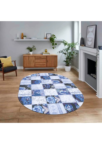 Dijital Baskılı Kaymaz Yıkanabilir Oval Patchwork Yolluk Salon Halısı, V-O-Patchwork-19-Mavi,