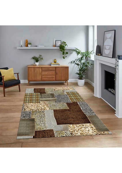 Dijital Baskılı Kaymaz Taban Yıkanabilir Patchwork Yolluk Salon Halısı, V-Patchwork-15-Kahve,