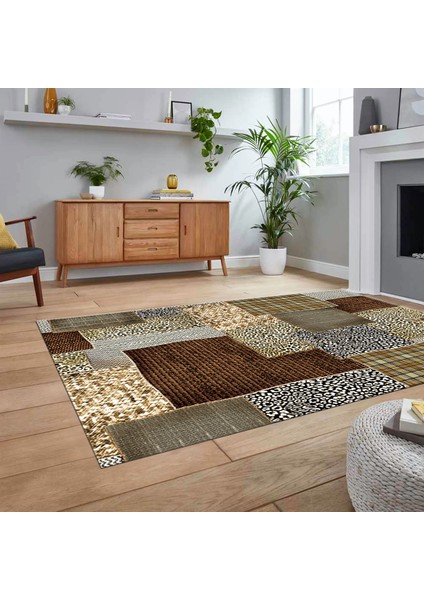 Dijital Baskılı Kaymaz Taban Yıkanabilir Patchwork Yolluk Salon Halısı, V-Patchwork-15-Kahve,
