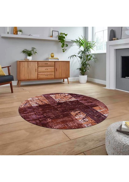 Dijital Baskılı Kaymaz Yıkanabilir Yuvarlak Patchwork Mutfak Salon Halısı, V-Y-Patchwork-05-Kırmızı,