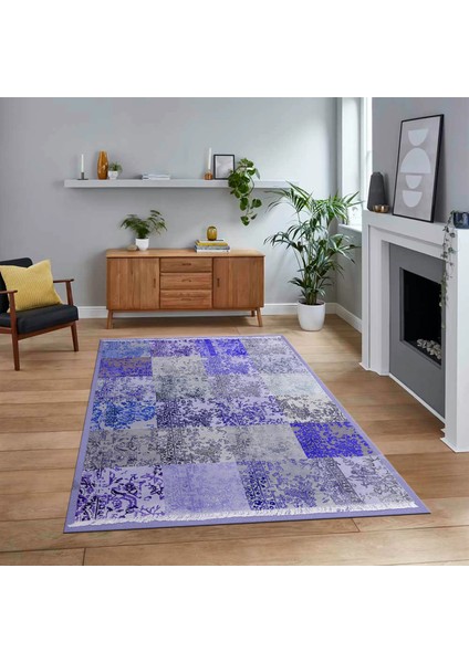 Dijital Baskılı Kaymaz Taban Yıkanabilir Patchwork Yolluk Salon Halısı, V-Patchwork-17-Mavi,