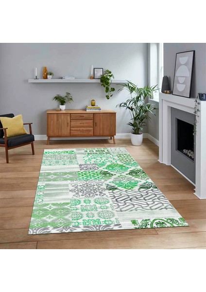 Dijital Baskılı Kaymaz Taban Yıkanabilir Patchwork Yolluk Salon Halısı, V-Patchwork-02-Yeşil,