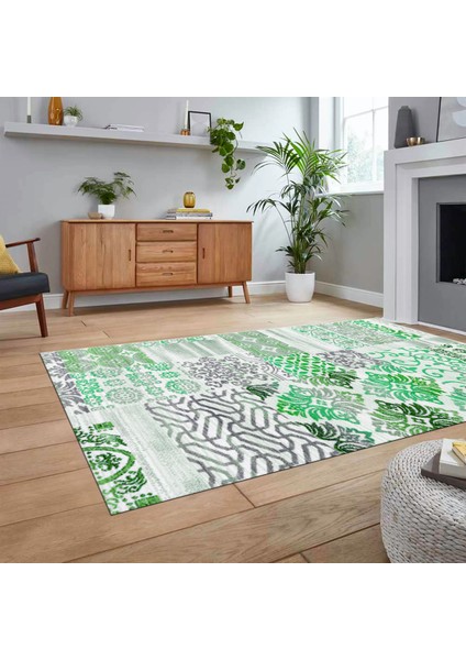 Dijital Baskılı Kaymaz Taban Yıkanabilir Patchwork Yolluk Salon Halısı, V-Patchwork-02-Yeşil,