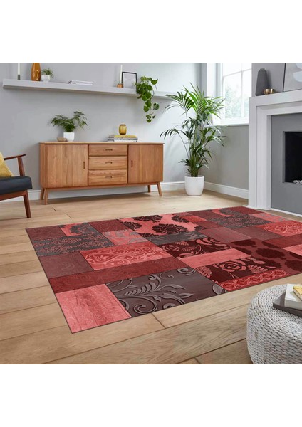 Dijital Baskılı Kaymaz Taban Yıkanabilir Patchwork Yolluk Salon Halısı, V-Patchwork-16-Kırmızı,