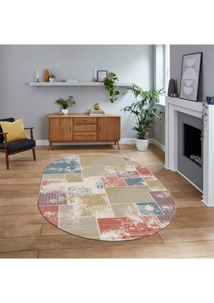 Dijital Baskılı Kaymaz Yıkanabilir Oval Patchwork Yolluk Salon Halısı, V-O-Patchwork-20-Renkli,