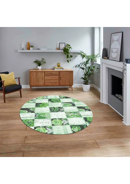 Dijital Baskılı Kaymaz Yıkanabilir Yuvarlak Patchwork Mutfak Salon Halısı, V-Y-Patchwork-19-Yeşil,