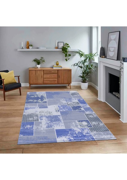 Dijital Baskılı Kaymaz Taban Yıkanabilir Patchwork Yolluk Salon Halısı, V-Patchwork-20-Mavi,