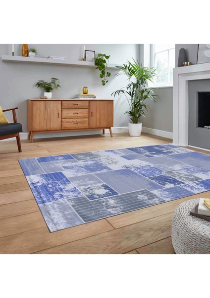 Dijital Baskılı Kaymaz Taban Yıkanabilir Patchwork Yolluk Salon Halısı, V-Patchwork-20-Mavi,