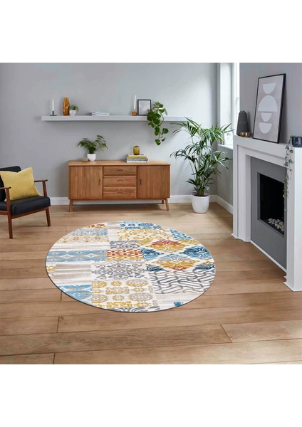 Dijital Baskılı Kaymaz Yıkanabilir Yuvarlak Patchwork Mutfak Salon Halısı, V-Y-Patchwork-02-Renkli,
