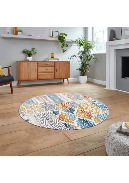 Dijital Baskılı Kaymaz Yıkanabilir Yuvarlak Patchwork Mutfak Salon Halısı, V-Y-Patchwork-02-Renkli,