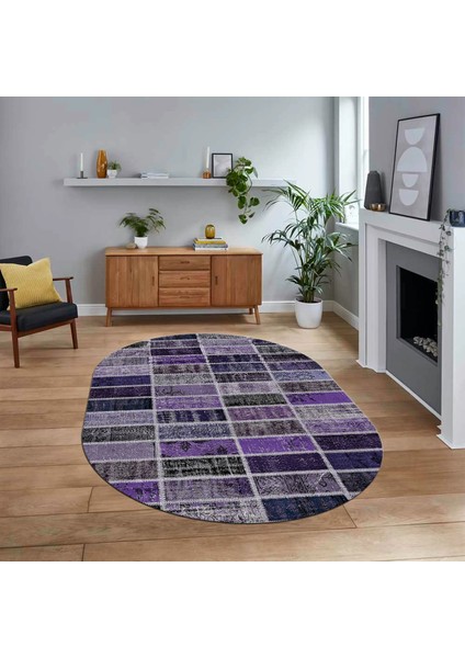 Dijital Baskılı Kaymaz Yıkanabilir Oval Patchwork Yolluk Salon Halısı, V-O-Patchwork-09-Mor,