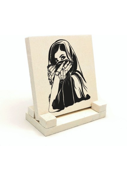 Peçeli Kadın Çizimi Baskılı Doğaltaş Masa Üstlük