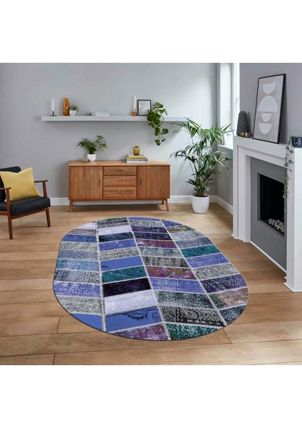 Dijital Baskılı Kaymaz Yıkanabilir Oval Patchwork Yolluk Salon Halısı, V-O-Patchwork-10-Mavi,