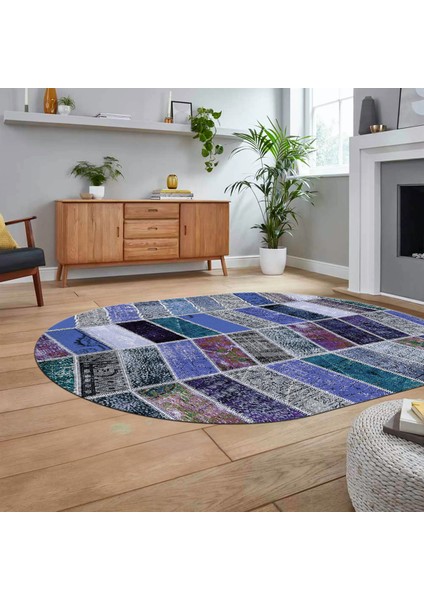 Dijital Baskılı Kaymaz Yıkanabilir Oval Patchwork Yolluk Salon Halısı, V-O-Patchwork-10-Mavi,