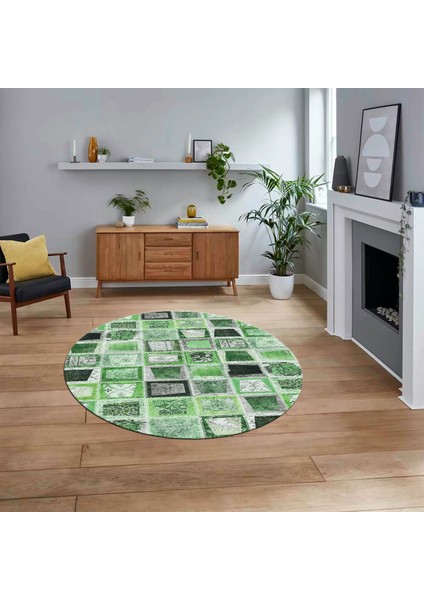Dijital Baskılı Kaymaz Yıkanabilir Yuvarlak Patchwork Mutfak Salon Halısı, V-Y-Patchwork-14-Yeşil,