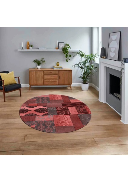 Dijital Baskılı Kaymaz Yıkanabilir Yuvarlak Patchwork Mutfak Salon Halısı, V-Y-Patchwork-16-Kırmızı,
