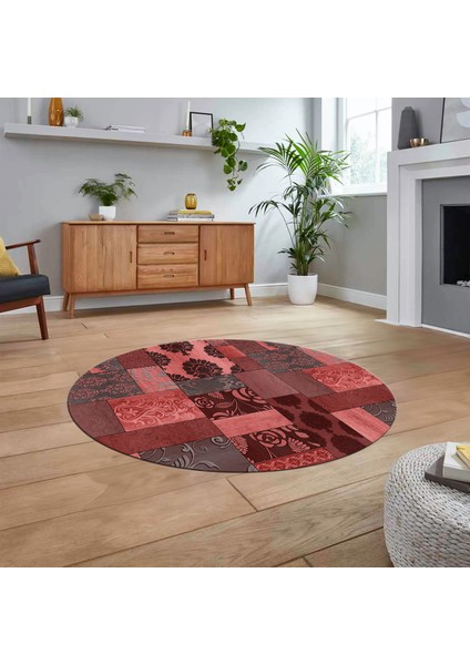 Dijital Baskılı Kaymaz Yıkanabilir Yuvarlak Patchwork Mutfak Salon Halısı, V-Y-Patchwork-16-Kırmızı,