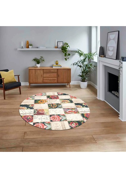 Dijital Baskılı Kaymaz Yıkanabilir Yuvarlak Patchwork Mutfak Salon Halısı, V-Y-Patchwork-19-Renkli,