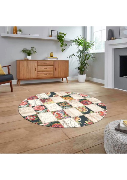 Dijital Baskılı Kaymaz Yıkanabilir Yuvarlak Patchwork Mutfak Salon Halısı, V-Y-Patchwork-19-Renkli,