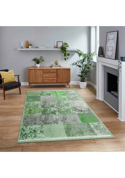 Dijital Baskılı Kaymaz Taban Yıkanabilir Patchwork Yolluk Salon Halısı, V-Patchwork-17-Yeşil,