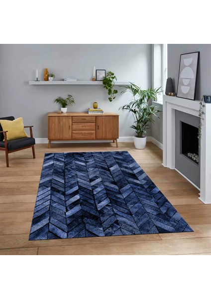 Dijital Baskılı Kaymaz Taban Yıkanabilir Patchwork Yolluk Salon Halısı, V-Patchwork-13-Mavi,