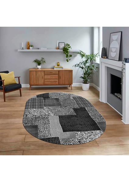 Dijital Baskılı Kaymaz Yıkanabilir Oval Patchwork Yolluk Salon Halısı, V-O-Patchwork-15-Gri,