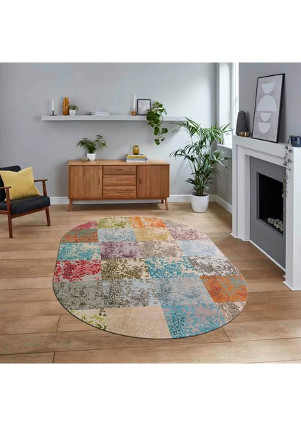 Dijital Baskılı Kaymaz Yıkanabilir Oval Patchwork Yolluk Salon Halısı, V-O-Patchwork-17-Renkli,
