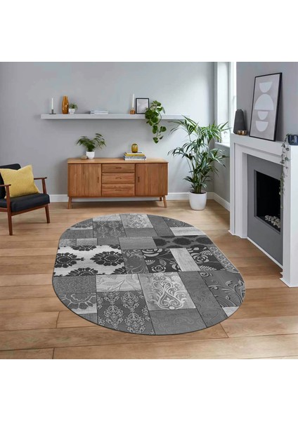 Dijital Baskılı Kaymaz Yıkanabilir Oval Patchwork Yolluk Salon Halısı, V-O-Patchwork-16-Gri,