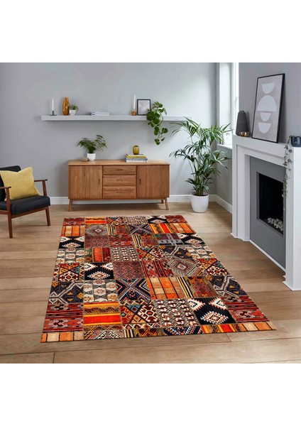 Dijital Baskılı Kaymaz Taban Yıkanabilir Patchwork Yolluk Salon Halısı, V-Patchwork-06-Renkli,