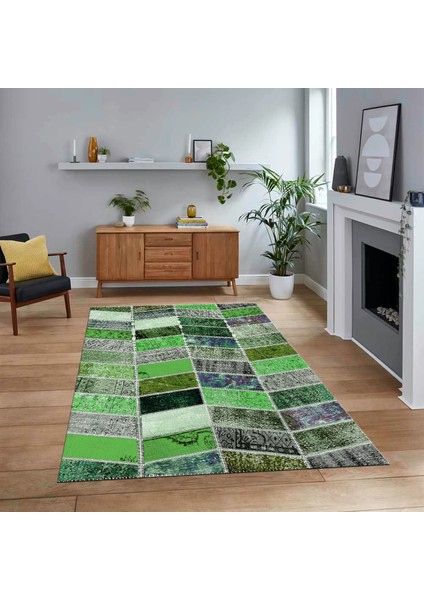 Dijital Baskılı Kaymaz Taban Yıkanabilir Patchwork Yolluk Salon Halısı, V-Patchwork-10-Yeşil,