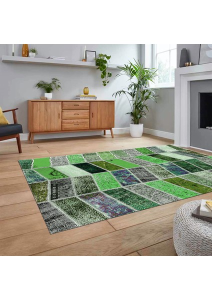 Dijital Baskılı Kaymaz Taban Yıkanabilir Patchwork Yolluk Salon Halısı, V-Patchwork-10-Yeşil,