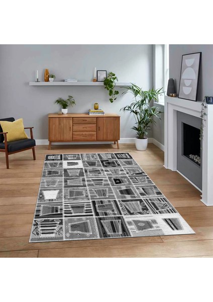 Dijital Baskılı Kaymaz Taban Yıkanabilir Patchwork Yolluk Salon Halısı, V-Patchwork-11-Gri,