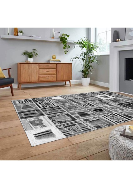 Dijital Baskılı Kaymaz Taban Yıkanabilir Patchwork Yolluk Salon Halısı, V-Patchwork-11-Gri,