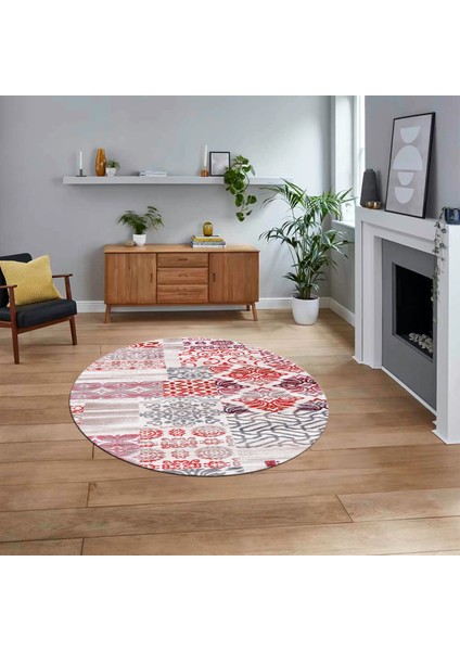 Dijital Baskılı Kaymaz Yıkanabilir Yuvarlak Patchwork Mutfak Salon Halısı, V-Y-Patchwork-02-Kırmızı,