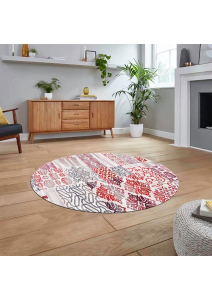 Dijital Baskılı Kaymaz Yıkanabilir Yuvarlak Patchwork Mutfak Salon Halısı, V-Y-Patchwork-02-Kırmızı,