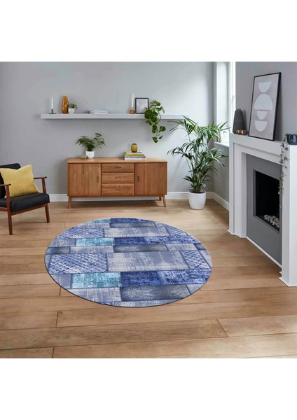 Dijital Baskılı Kaymaz Yıkanabilir Yuvarlak Patchwork Mutfak Salon Halısı, V-Y-Patchwork-18-Mavi,