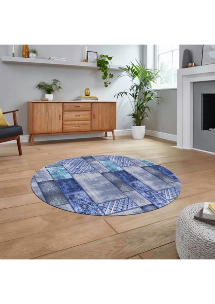 Dijital Baskılı Kaymaz Yıkanabilir Yuvarlak Patchwork Mutfak Salon Halısı, V-Y-Patchwork-18-Mavi,