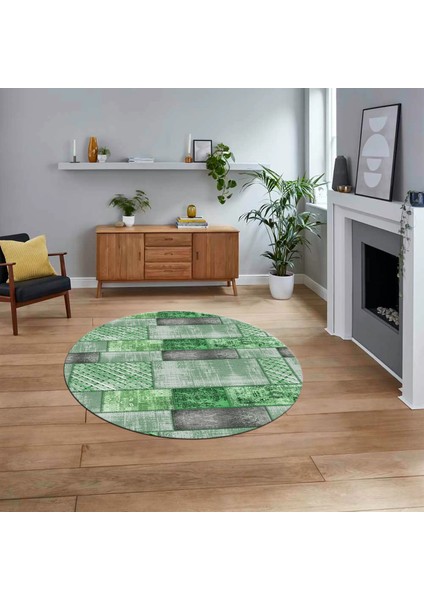 Dijital Baskılı Kaymaz Yıkanabilir Yuvarlak Patchwork Mutfak Salon Halısı, V-Y-Patchwork-18-Yeşil,