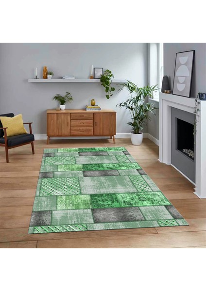 Dijital Baskılı Kaymaz Taban Yıkanabilir Patchwork Yolluk Salon Halısı, V-Patchwork-18-Yeşil,