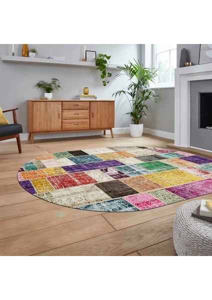 Dijital Baskılı Kaymaz Yıkanabilir Oval Patchwork Yolluk Salon Halısı, V-O-Patchwork-03-Renkli, fiyatları