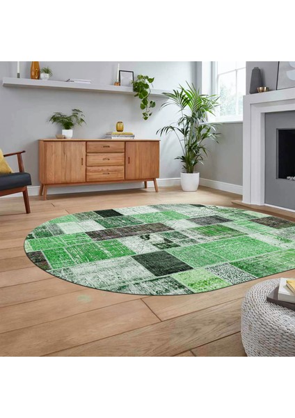 Dijital Baskılı Kaymaz Yıkanabilir Oval Patchwork Yolluk Salon Halısı, V-O-Patchwork-03-Yeşil, fiyatları