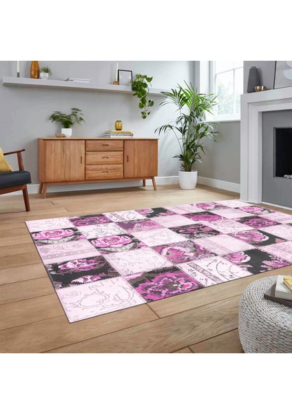Dijital Baskılı Kaymaz Taban Yıkanabilir Patchwork Yolluk Salon Halısı, V-Patchwork-19-Pembe, fiyatları