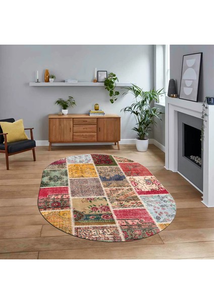 Dijital Baskılı Kaymaz Yıkanabilir Oval Patchwork Yolluk Salon Halısı, V-O-Patchwork-04-Renkli,