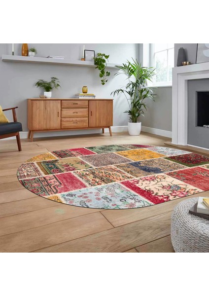 Dijital Baskılı Kaymaz Yıkanabilir Oval Patchwork Yolluk Salon Halısı, V-O-Patchwork-04-Renkli,