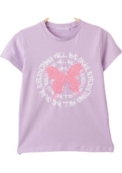 Kız Çocuk Kelebeği Pul Işlemeli Yazı Desenli Lila Renk Tişört